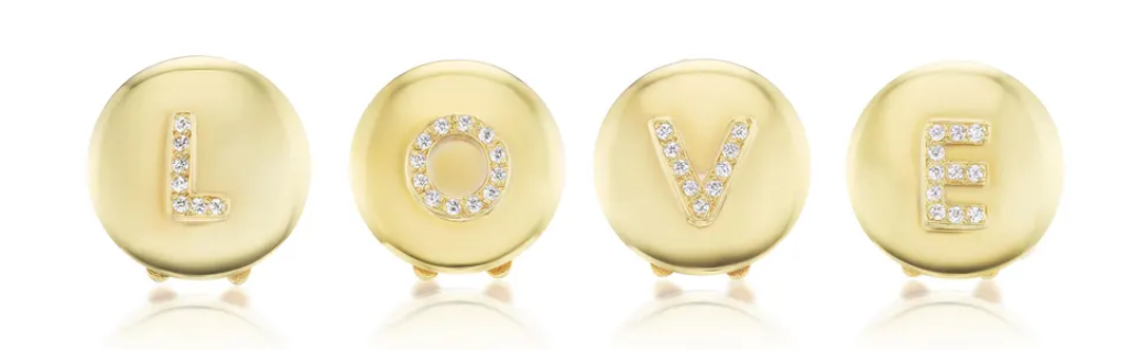 Diamond and gold button covers with love writing by Anna Maccierri Rossi